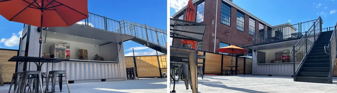 Custom BoxPop outdoor bar with rooftop seating for Apponaug Brewery
