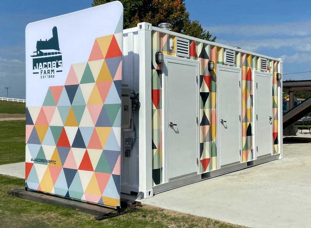 Box Pop shipping container restrooms with a custom paint job