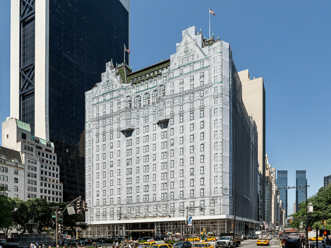 Huge building wrap on the Plaza Hotel during construction