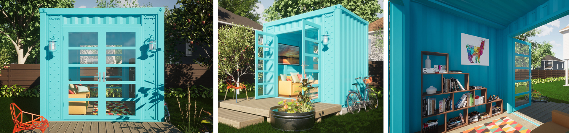 Custom shipping container office and artist space in a backyard.
