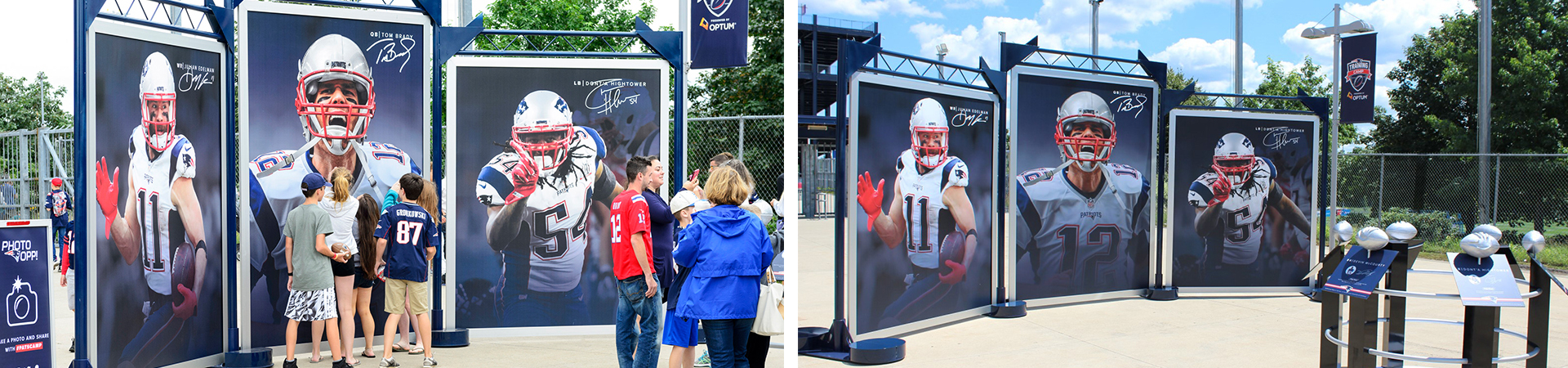 Tri-panel banner displays outside of an NFL game with player photo graphics.