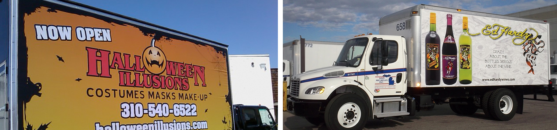 Custom truck skin vinyl banners on the side of two delivery trucks.