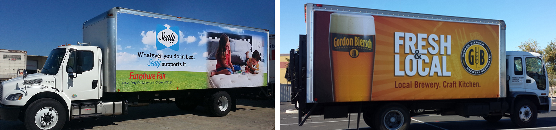 Truck Skins advertising a mattress company and a local brewery.