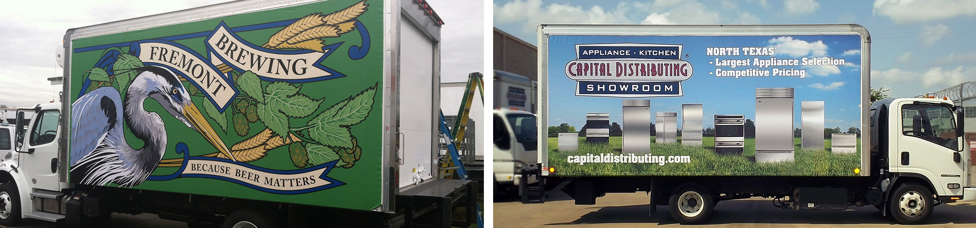 Custom truck skin graphics on the side of two delivery trucks.