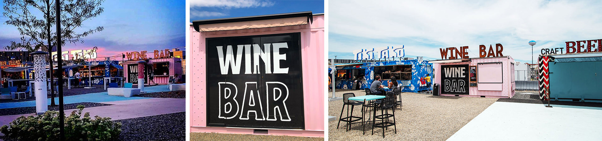 Custom shipping containers for a wine bar with graphics and seats.