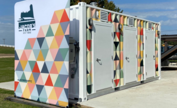 Custom painted and designed BoxPop shipping container restroom unit.