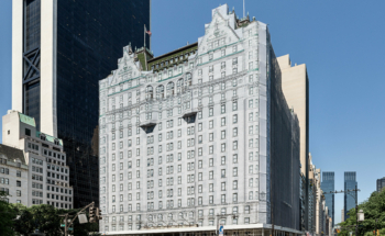 Huge building wrap on the Plaza Hotel during construction
