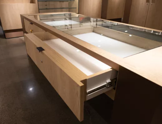 Retail Display Cabinet with Pull Out Drawer | Britten Custom Woodworks