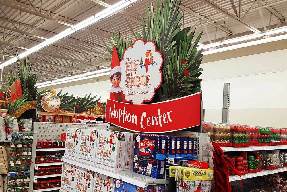 A holiday point-of-purchase display for Elf on the Shelf