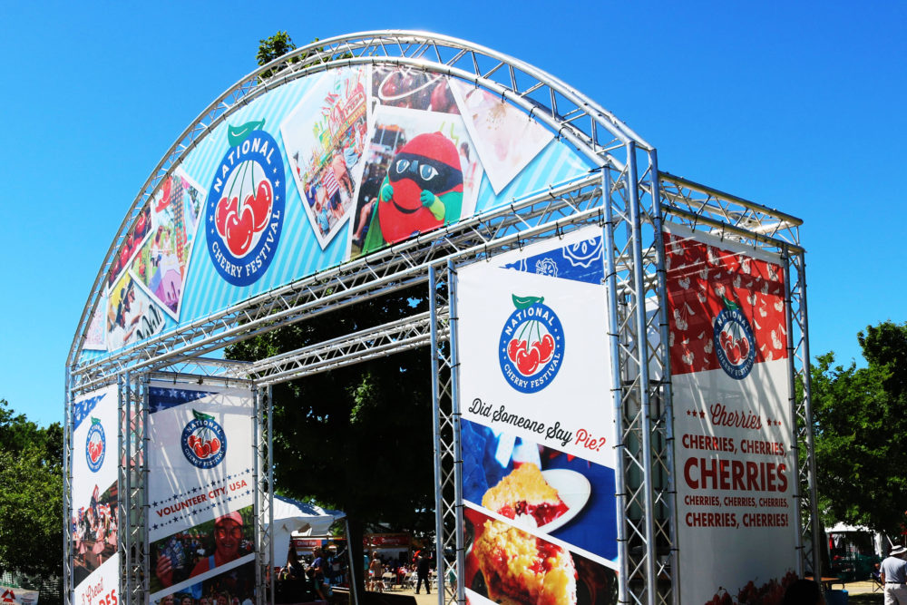Large event truss at the entrance for the National Cherry Festival