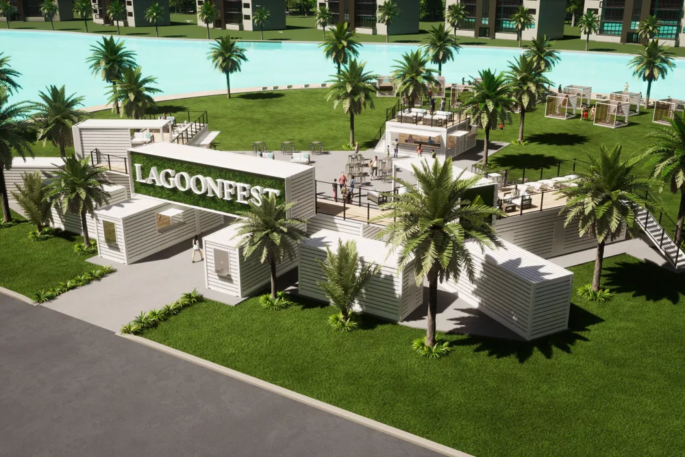 Custom shipping containers with restaurants and bars at an outdoor water park