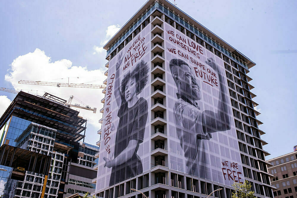 Building wrap promotion on the outside of a building