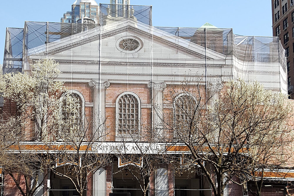 Custom scaffolding wrap outside of a church