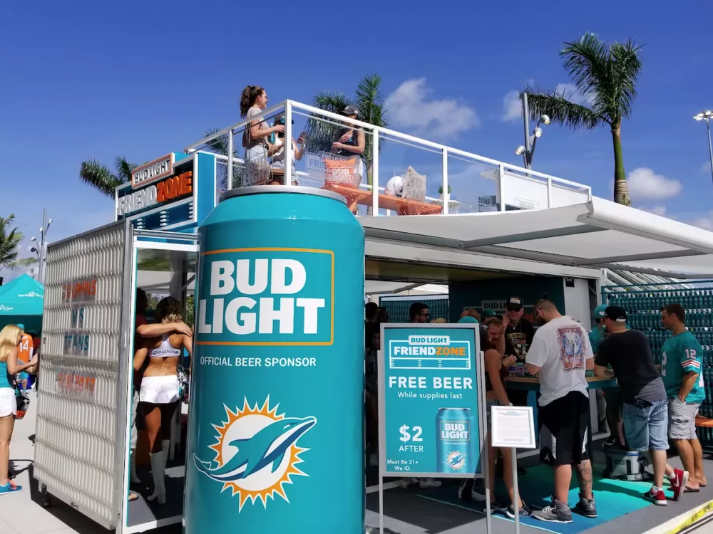 Custom shipping container for the Miami Dolphins at an event