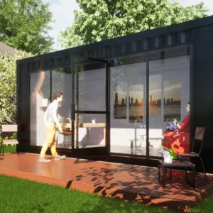 Shipping container office space in a backyard.