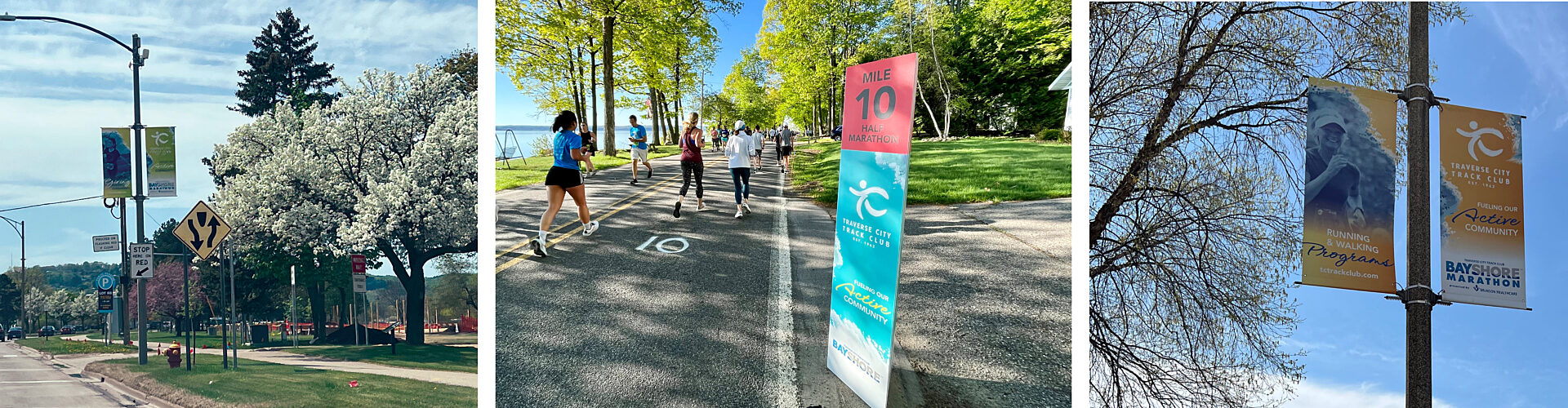 Several light pole bannes and one mile marker banner for the Bayshore Marathon