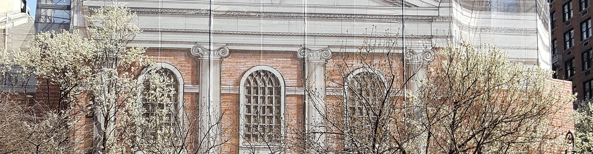 Custom scaffolding wrap outside of a church
