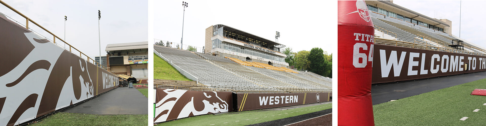 Large banners with Western Michigan University's mascot on them in front of stadium seats