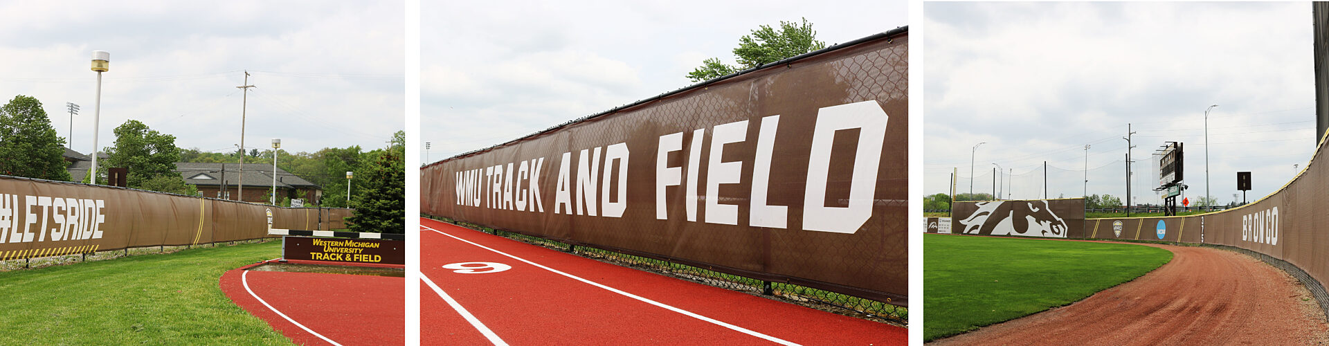 Large fence banners that say 'WMU Track and Field' around an outdoor track