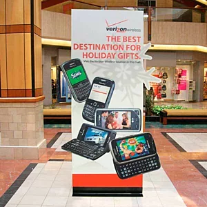 Dimensional display stand inside of a shopping mall.
