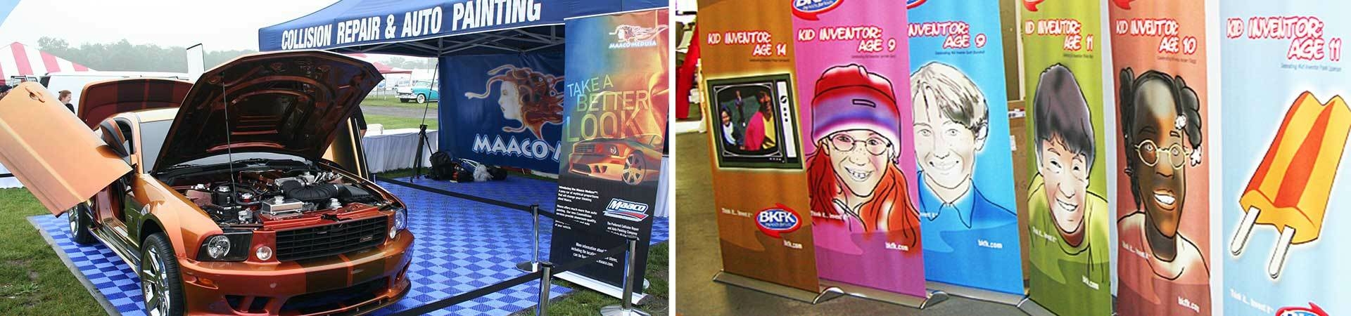Retractable banner stand with custom graphics at an event activation.