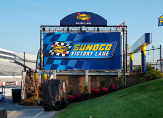 Custom Event Truss with Mesh Banner and Signage for Victory Lane.