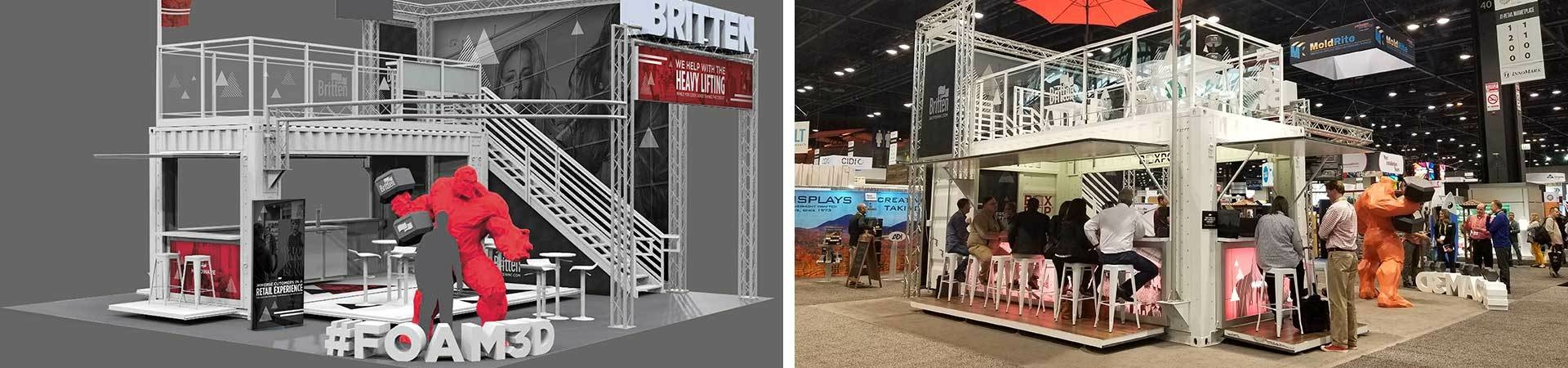 Custom box pop shipping containers as tradeshow booths at an expo.
