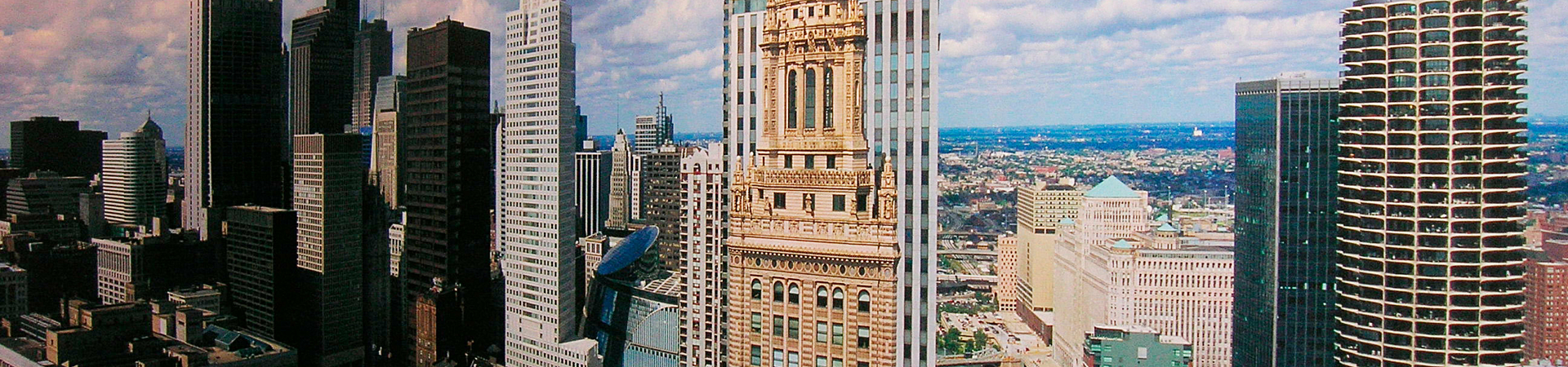 Custom installed wallpaper mural showing the Chicago skyline.