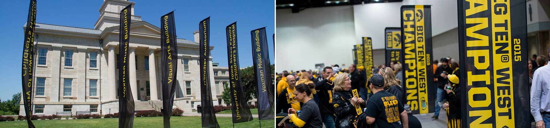 Custom printed feather flags for an indoor and outdoor university event.
