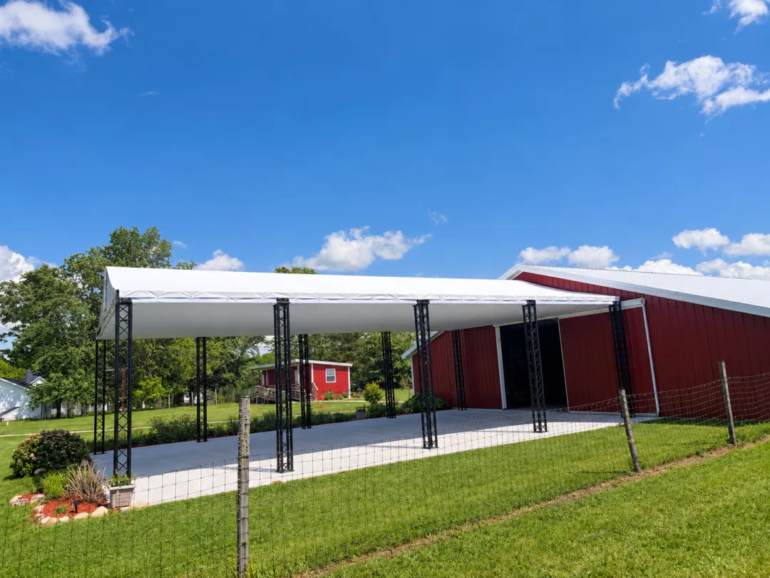 Sunny Rural Pavilion and Red Barn